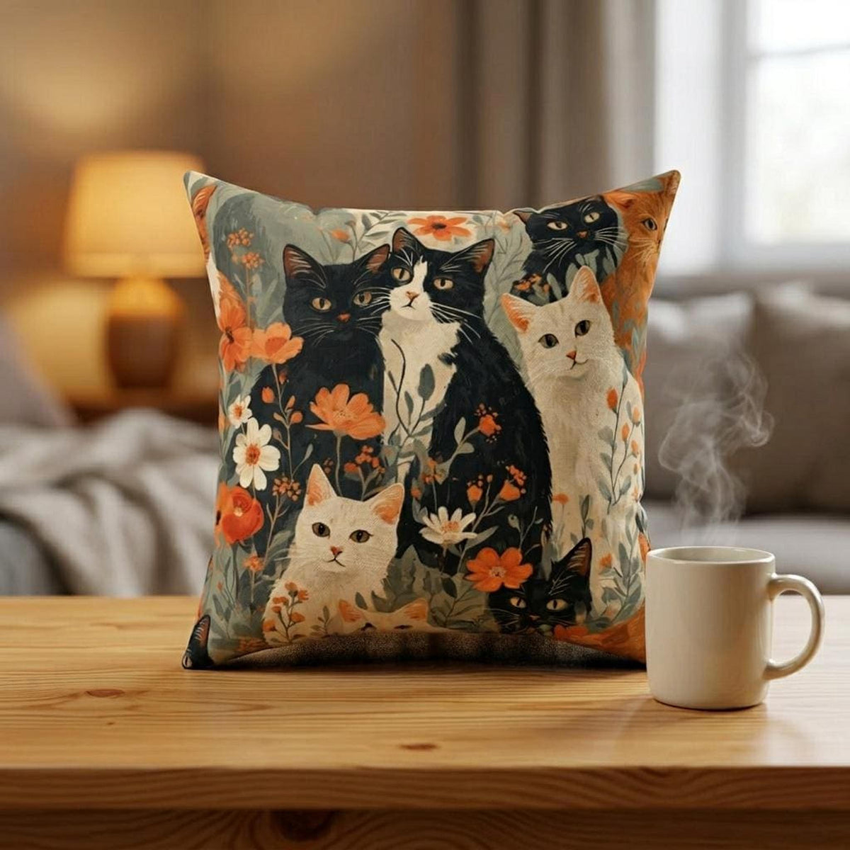 Floral Cat Pillow, Vintage Faux Suede Cushion with Charming Cat Illustration