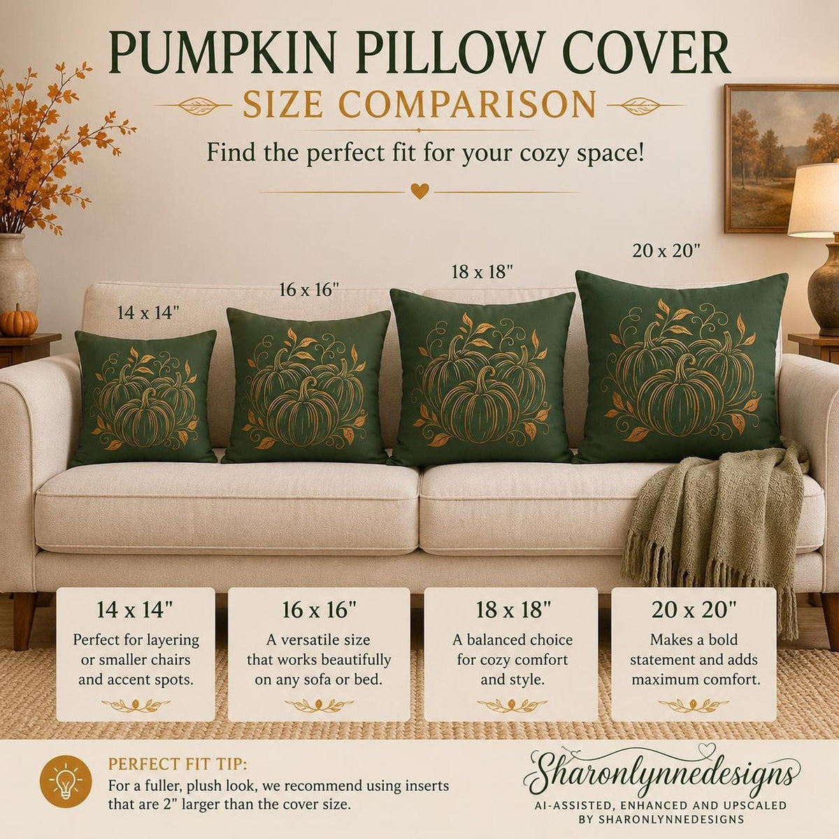 Decorative Farmhouse Pillow Cover, 100% Faux Suede Autumn Pumpkin Floral Print, Double-Sided Concealed Zipper