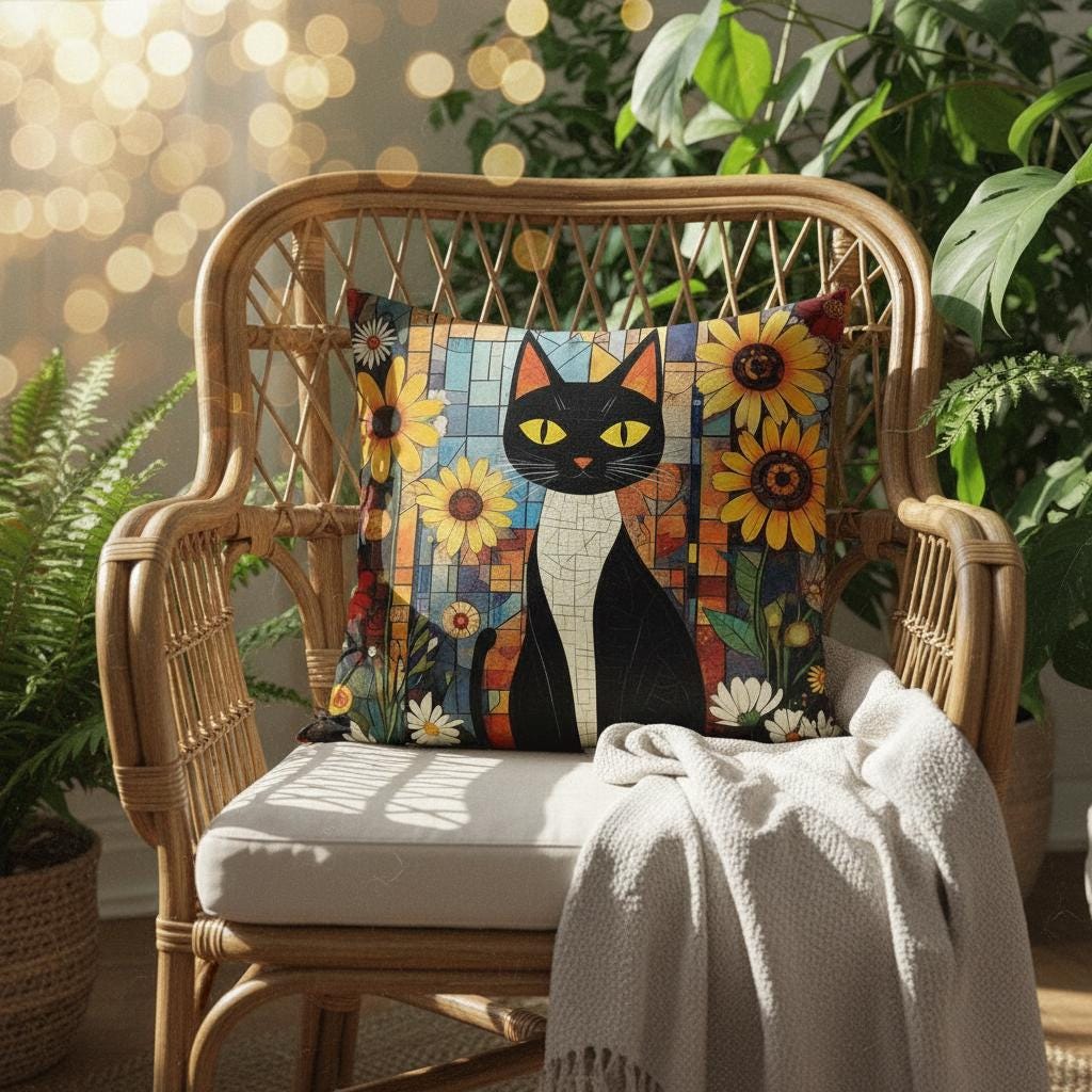 Retro Cat Pillow with Floral Design, Faux Suede Boho Home Decor