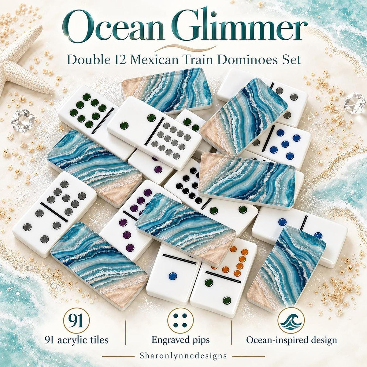 Ocean Acrylic Dominoes Set, Double 12 Mexican Train Game with Storage Box