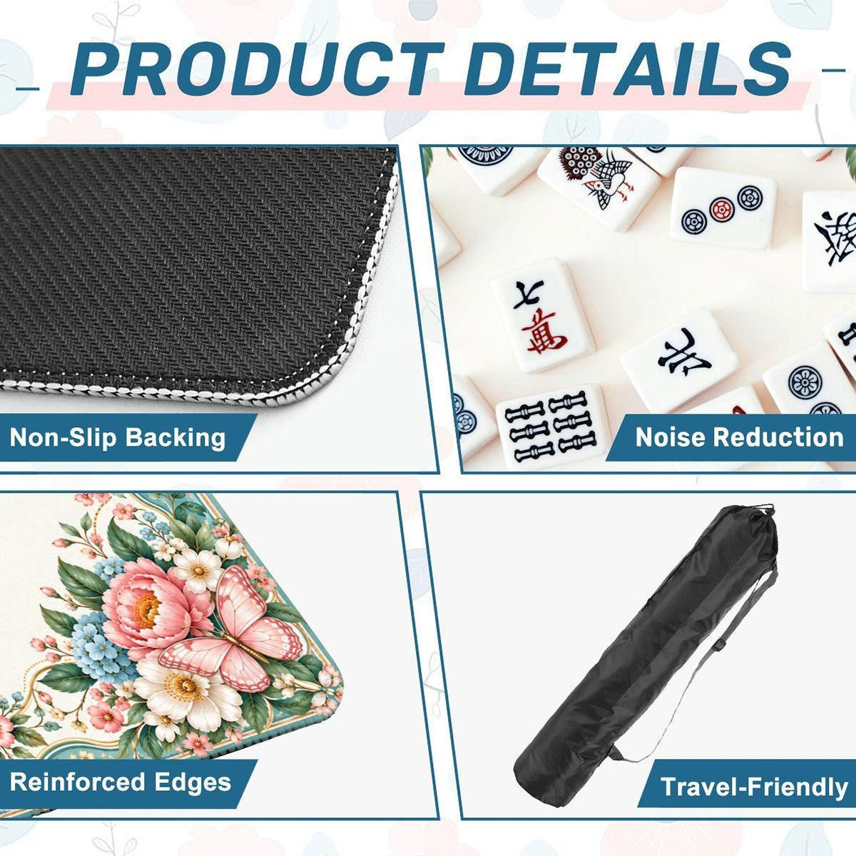 Floral Mahjong Mat, Polyester Roll-Up Play Mat with Rubber Backing