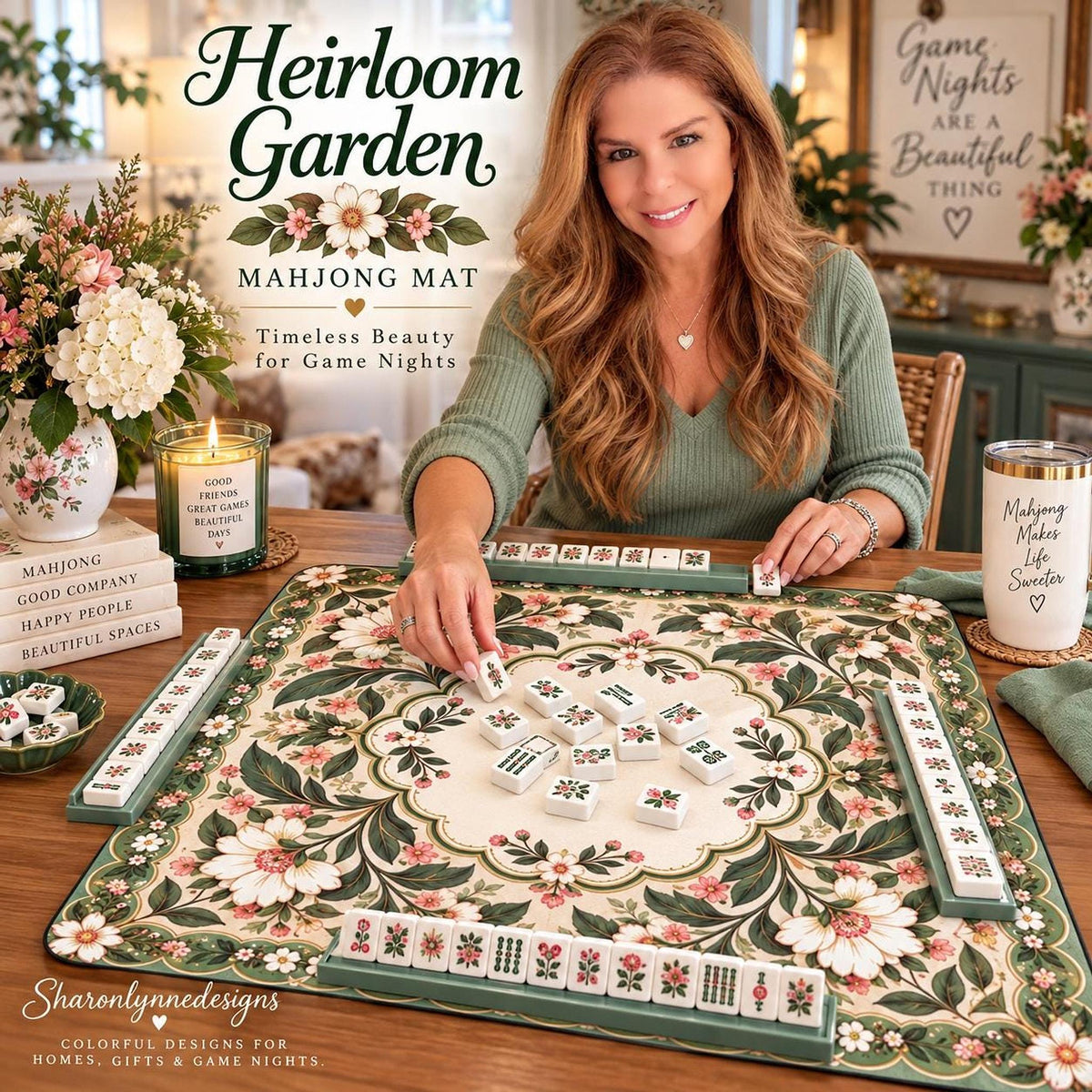 Floral American Mahjong Mat, Polyester Rubber Backing, Roll-Up Game Surface