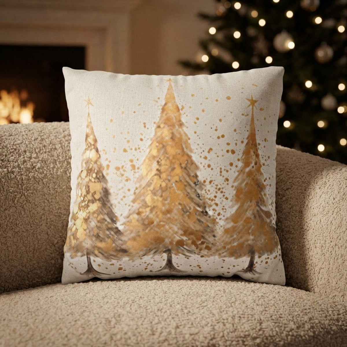 Christmas Pillowcase, Gold Tree Polyester Cover with Concealed Zipper