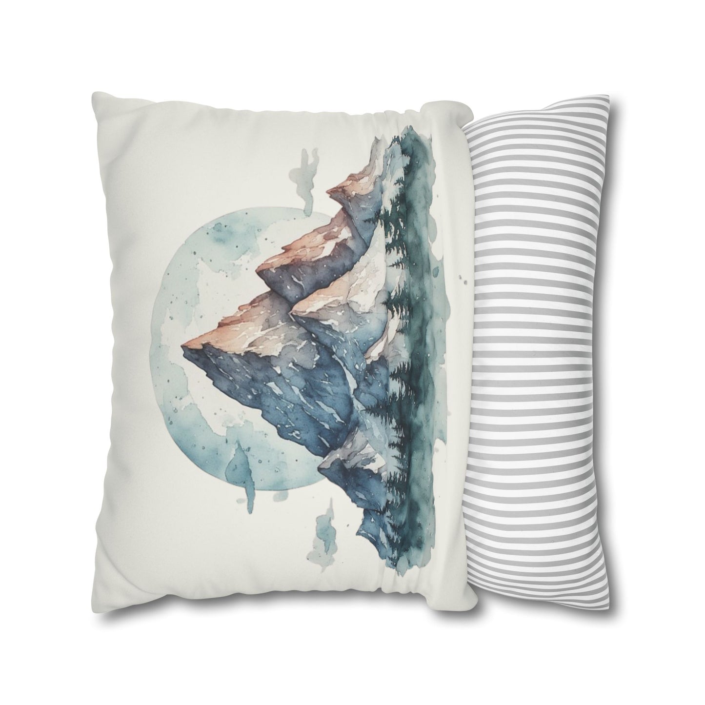 Watercolor Mountain Landscape Faux Suede Square Pillowcase | Mountain Print Pillow