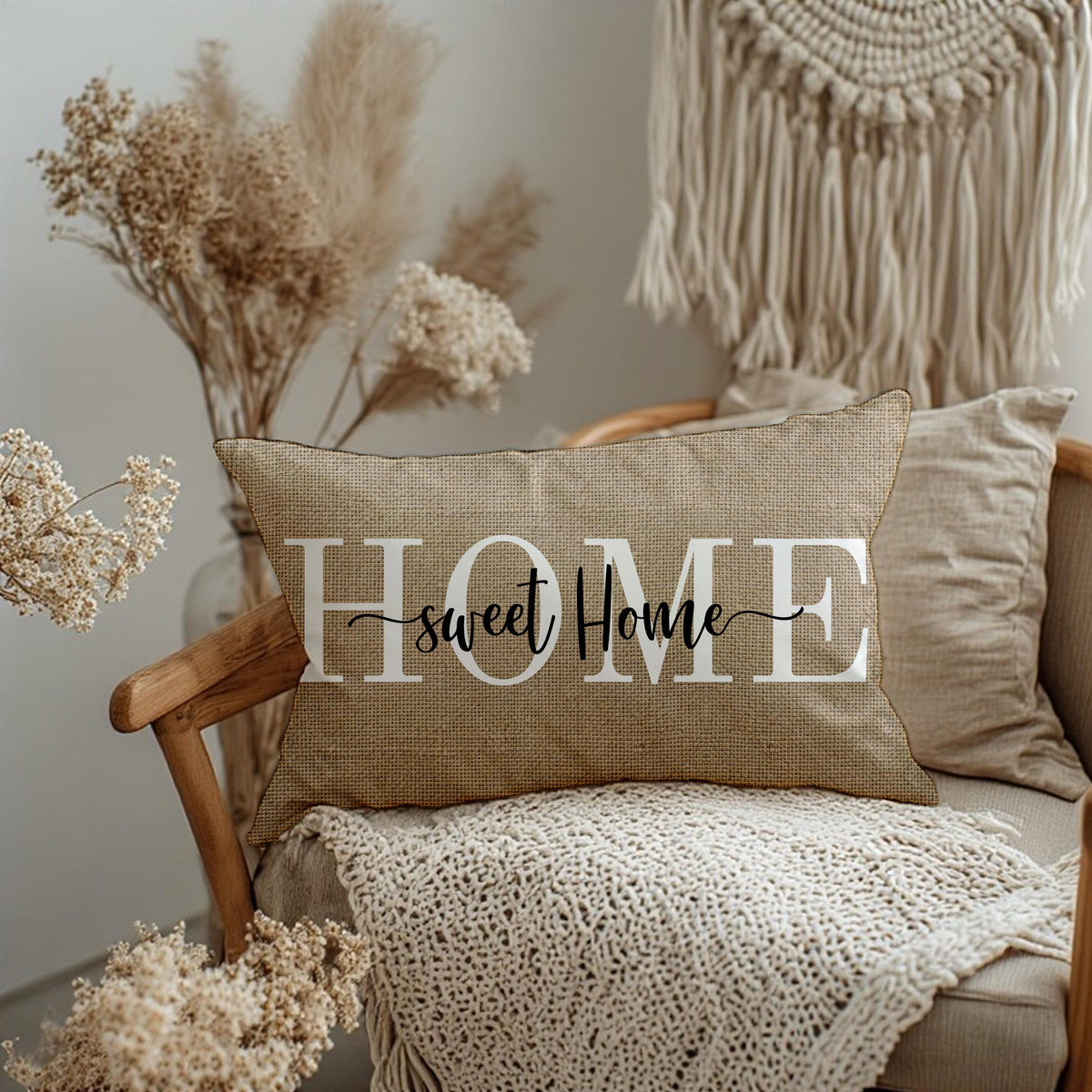 Farmhouse Lumbar Pillow, Beige Burlap Accent Cushion for Rustic Decor