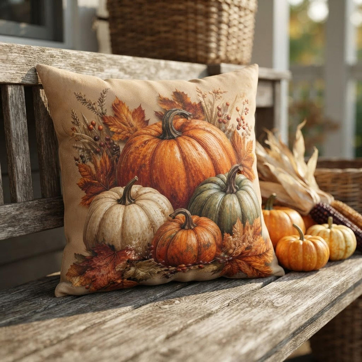 Autumn Pillow Cover, Beige Faux Suede Square with Double-Sided Pumpkin Print