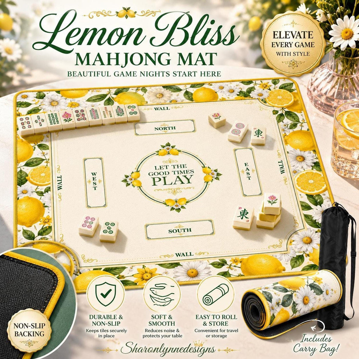 Lemon Mahjong Mat | Vibrant Floral Game Board, Durable Polyester Surface