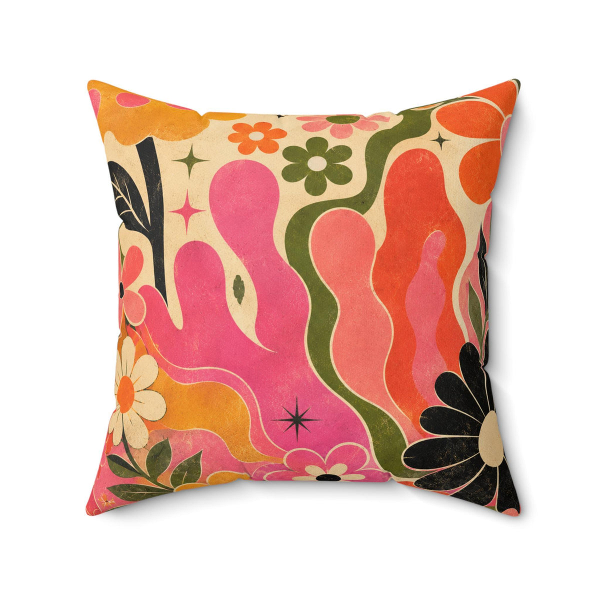 Retro Floral Pillow, 70s Boho Flower Pattern in Plush Faux Suede