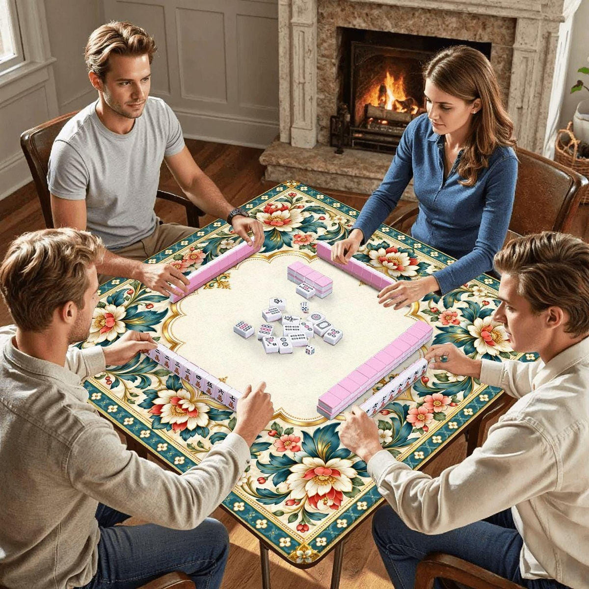 Gilded Garden American Mahjong Mat, Floral Polyester Surface With Rubber Backing