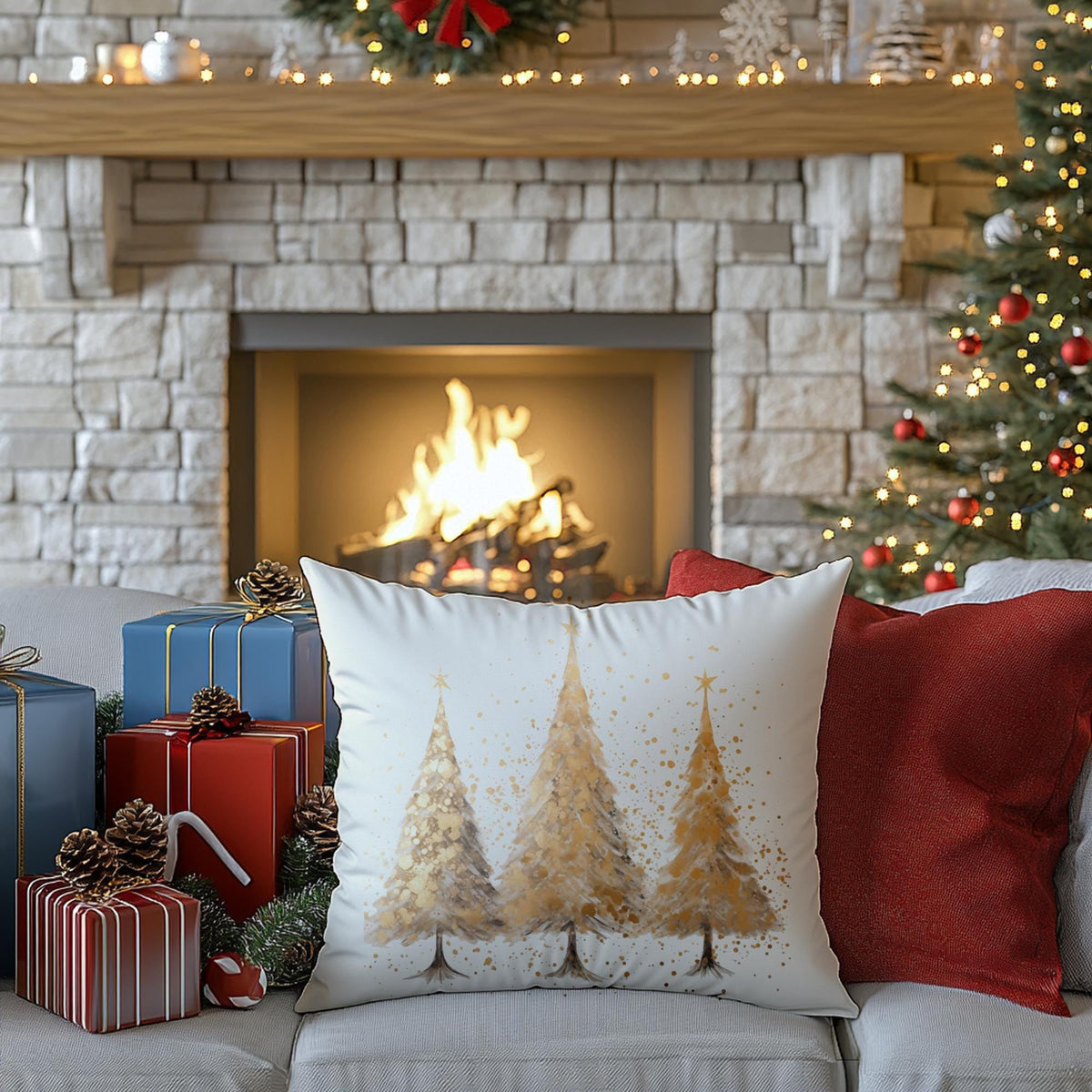 Christmas Pillowcase, Gold Tree Polyester Cover with Concealed Zipper
