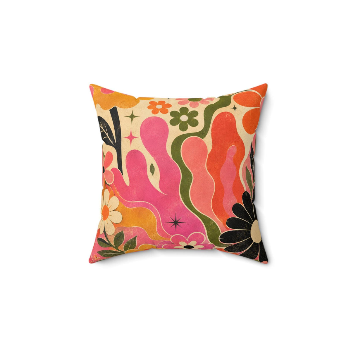 Retro Floral Pillow, 70s Boho Flower Pattern in Plush Faux Suede