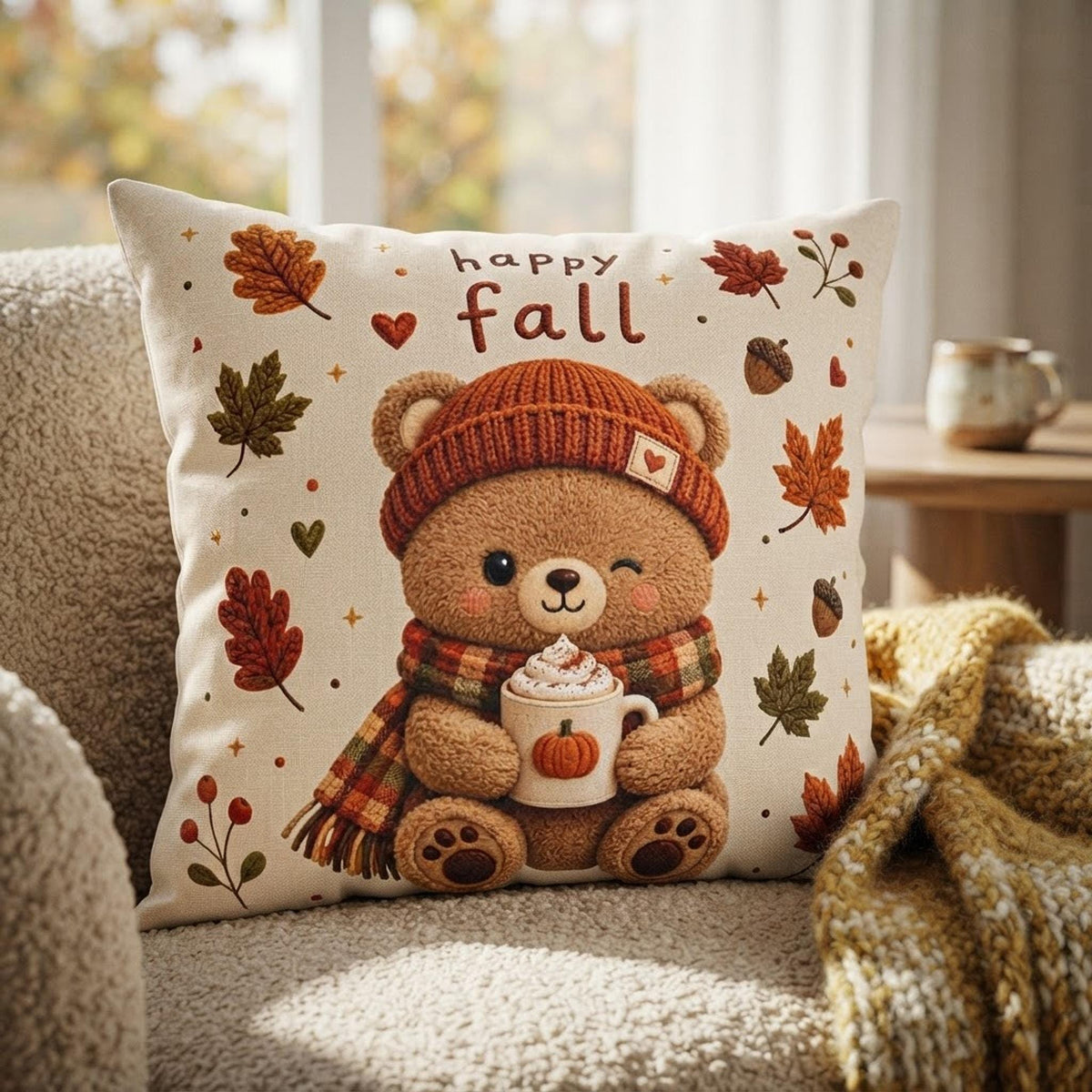 Cozy Sofa Pillow, Faux Suede Pillowcase with Double-Sided Fall Bear Print
