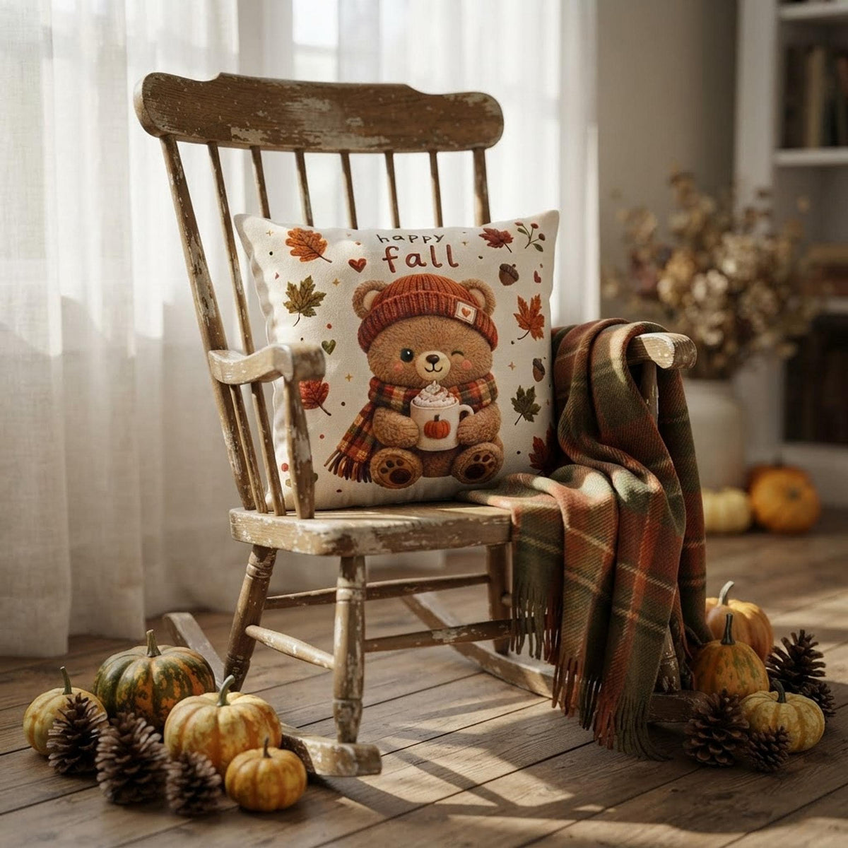 Cozy Sofa Pillow, Faux Suede Pillowcase with Double-Sided Fall Bear Print