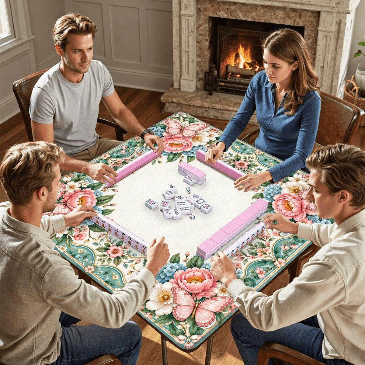 Floral Mahjong Mat, Polyester Roll-Up Play Mat with Rubber Backing