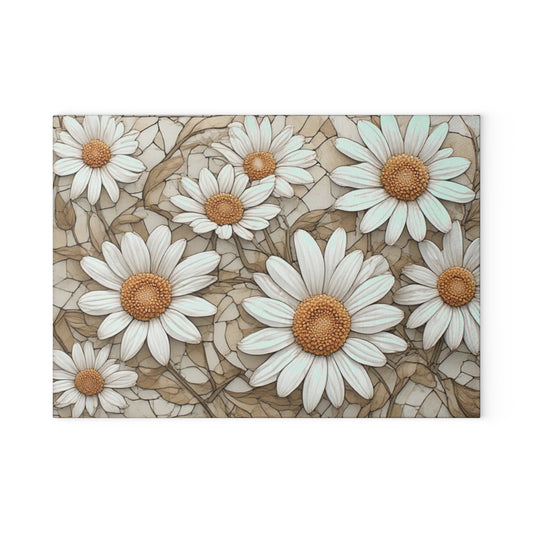 White Daisy Floral Glass Cutting Board, Floral Kitchen Countertop Decor