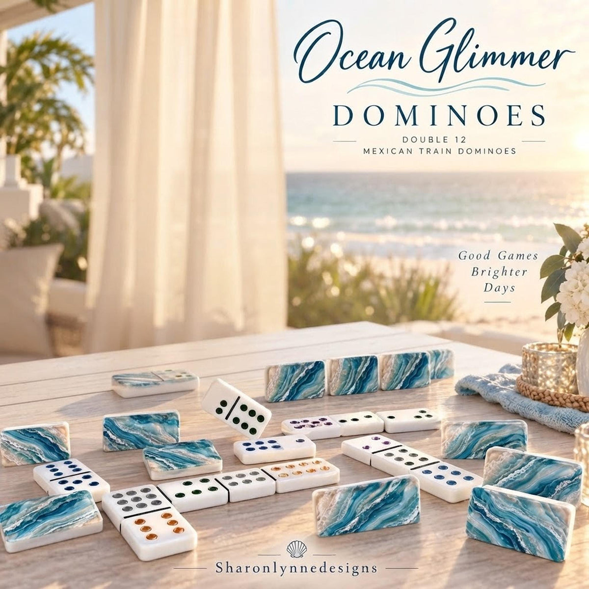 Ocean Acrylic Dominoes Set, Double 12 Mexican Train Game with Storage Box
