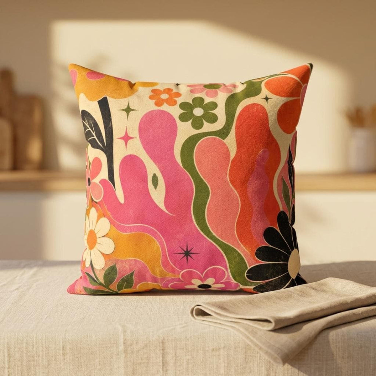 Retro Floral Pillow, 70s Boho Flower Pattern in Plush Faux Suede