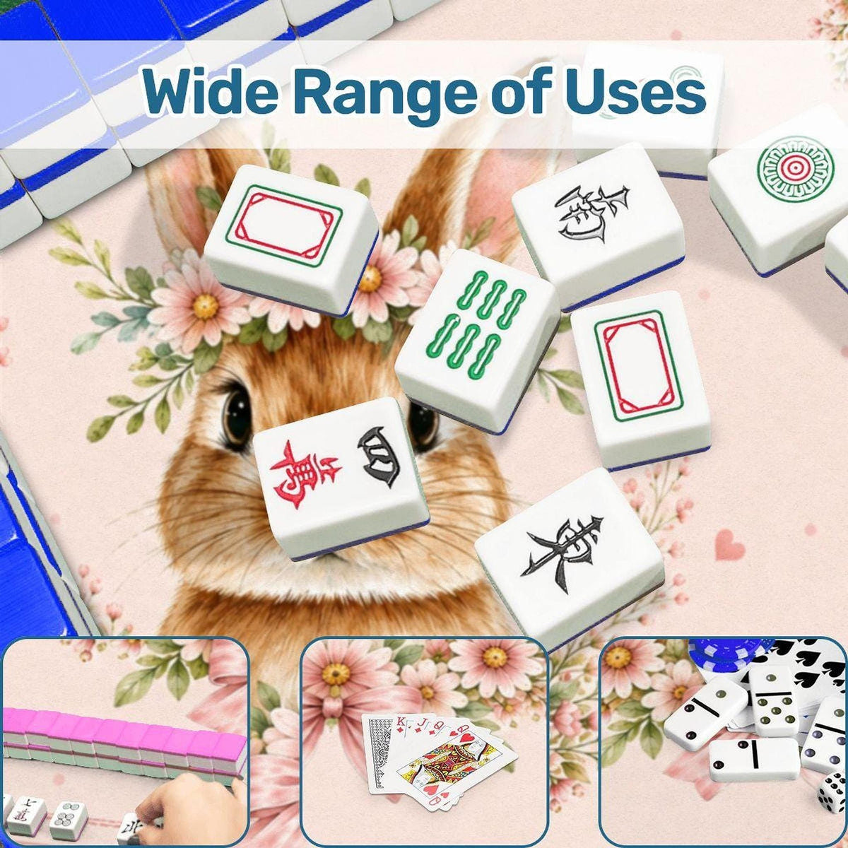 Rabbit Mahjong Mat, Pink Floral Design with Non-Slip Rubber Backing