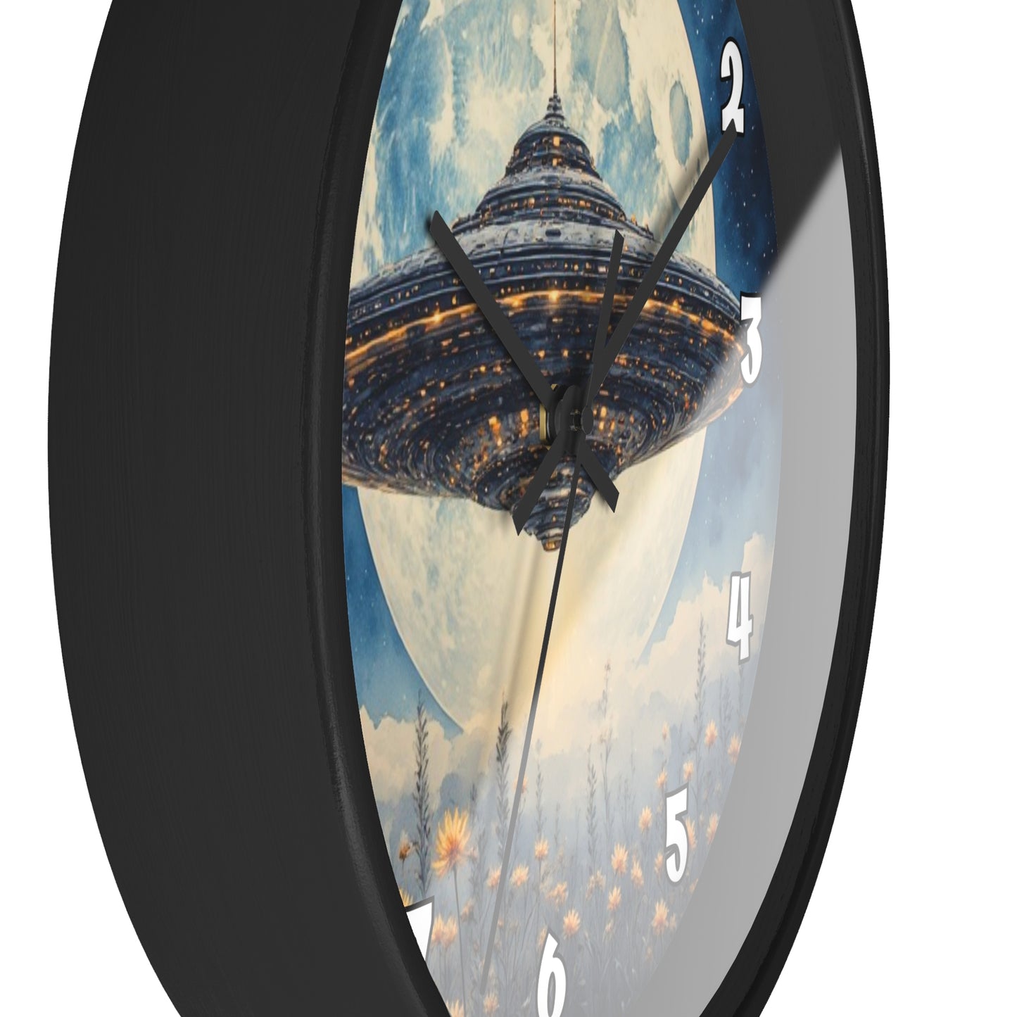 UFO Over Moon Wall Clock, Sci Fi Spaceship Moonlight Timepiece