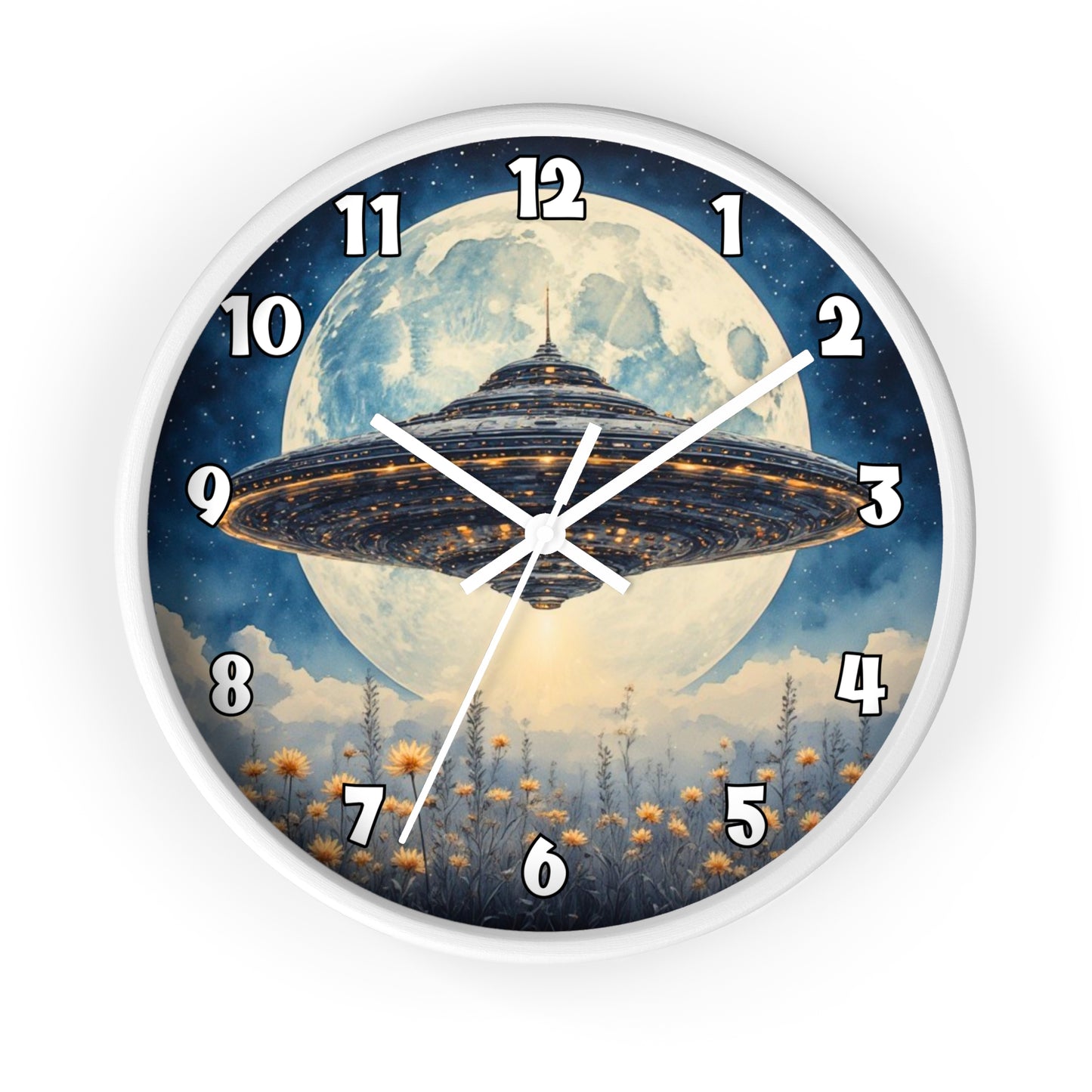 UFO Over Moon Wall Clock, Sci Fi Spaceship Moonlight Timepiece