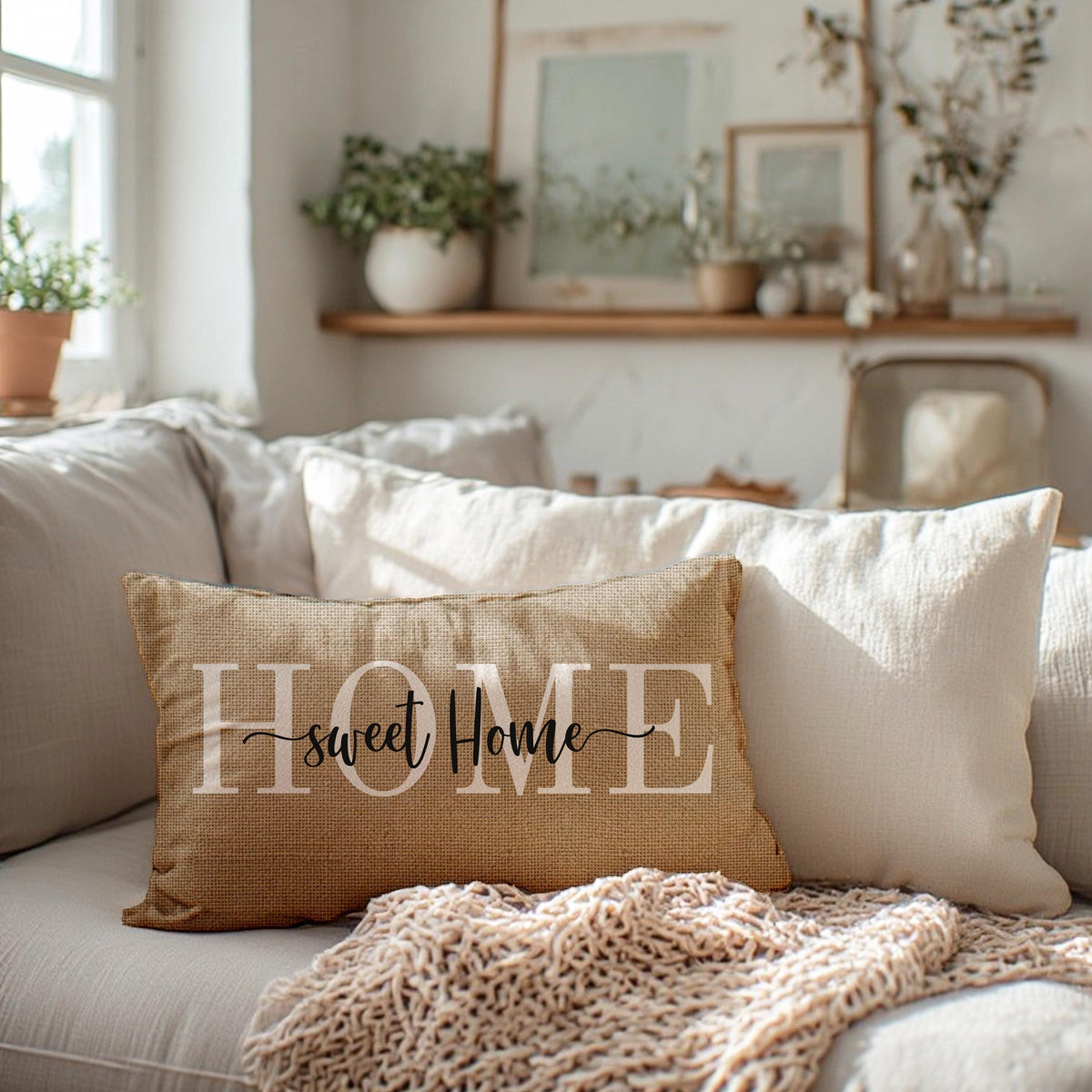 Farmhouse Lumbar Pillow, Beige Burlap Accent Cushion for Rustic Decor