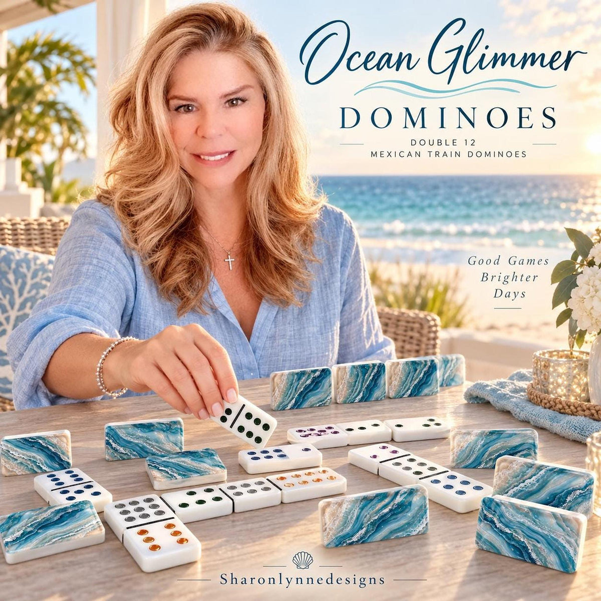 Ocean Acrylic Dominoes Set, Double 12 Mexican Train Game with Storage Box