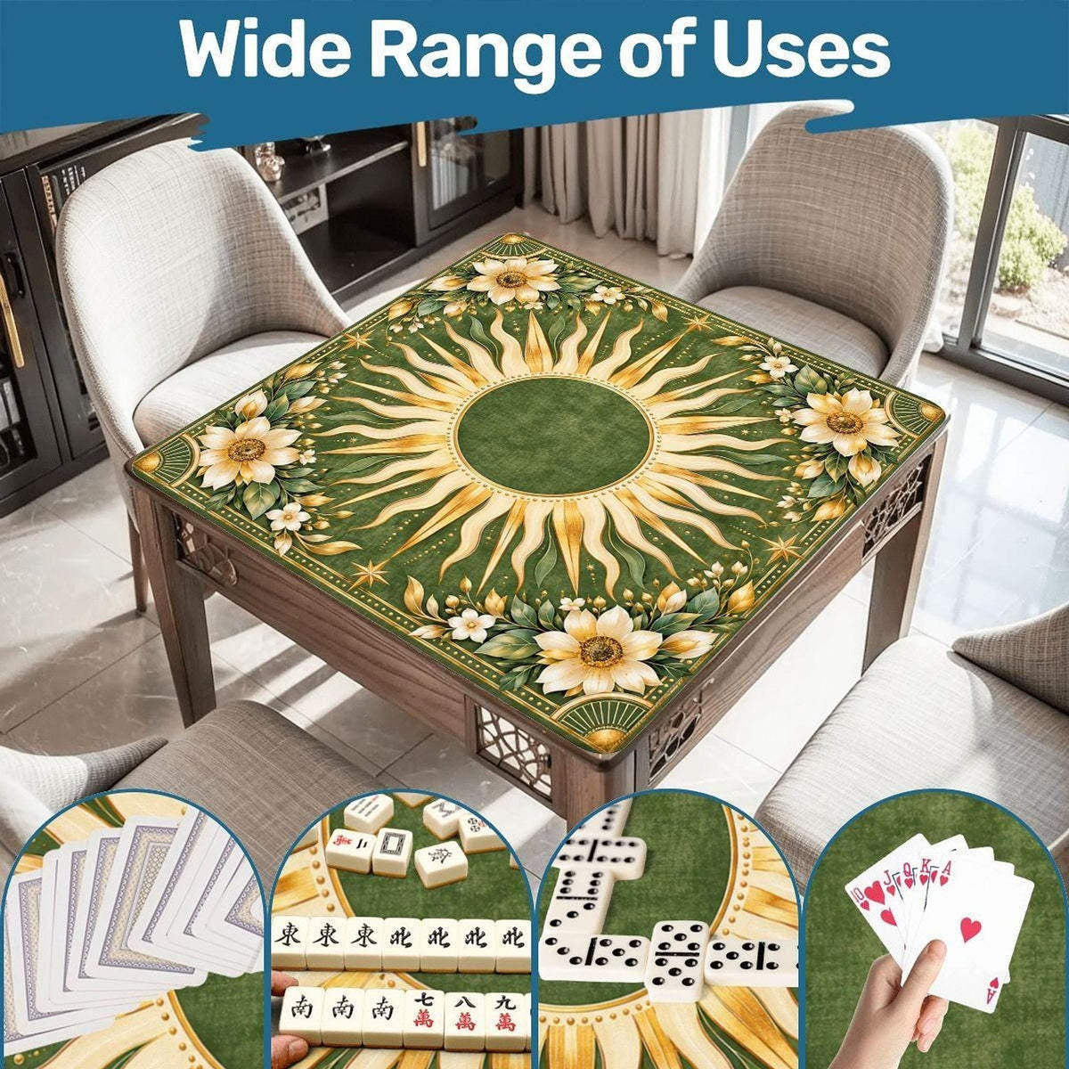 Mahjong Game Mat, 33" Square Green and Gold Sun Design Polyester