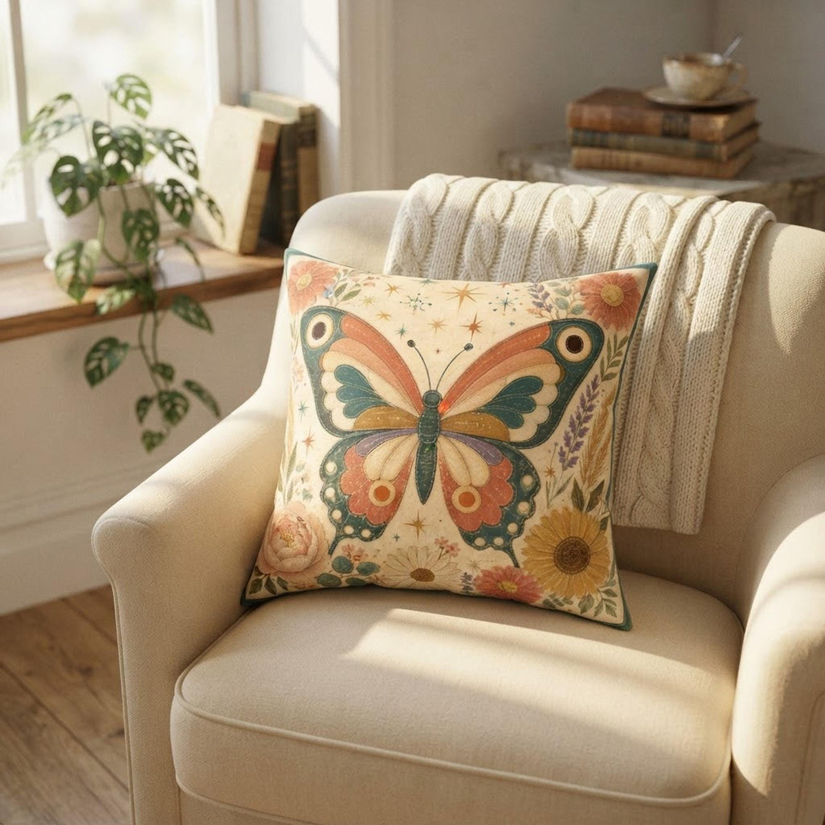 Retro Butterfly Pillow, Faux Suede Square Cover with Double-Sided Floral Print