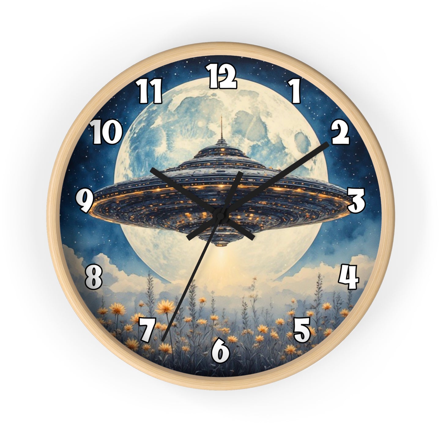 UFO Over Moon Wall Clock, Sci Fi Spaceship Moonlight Timepiece