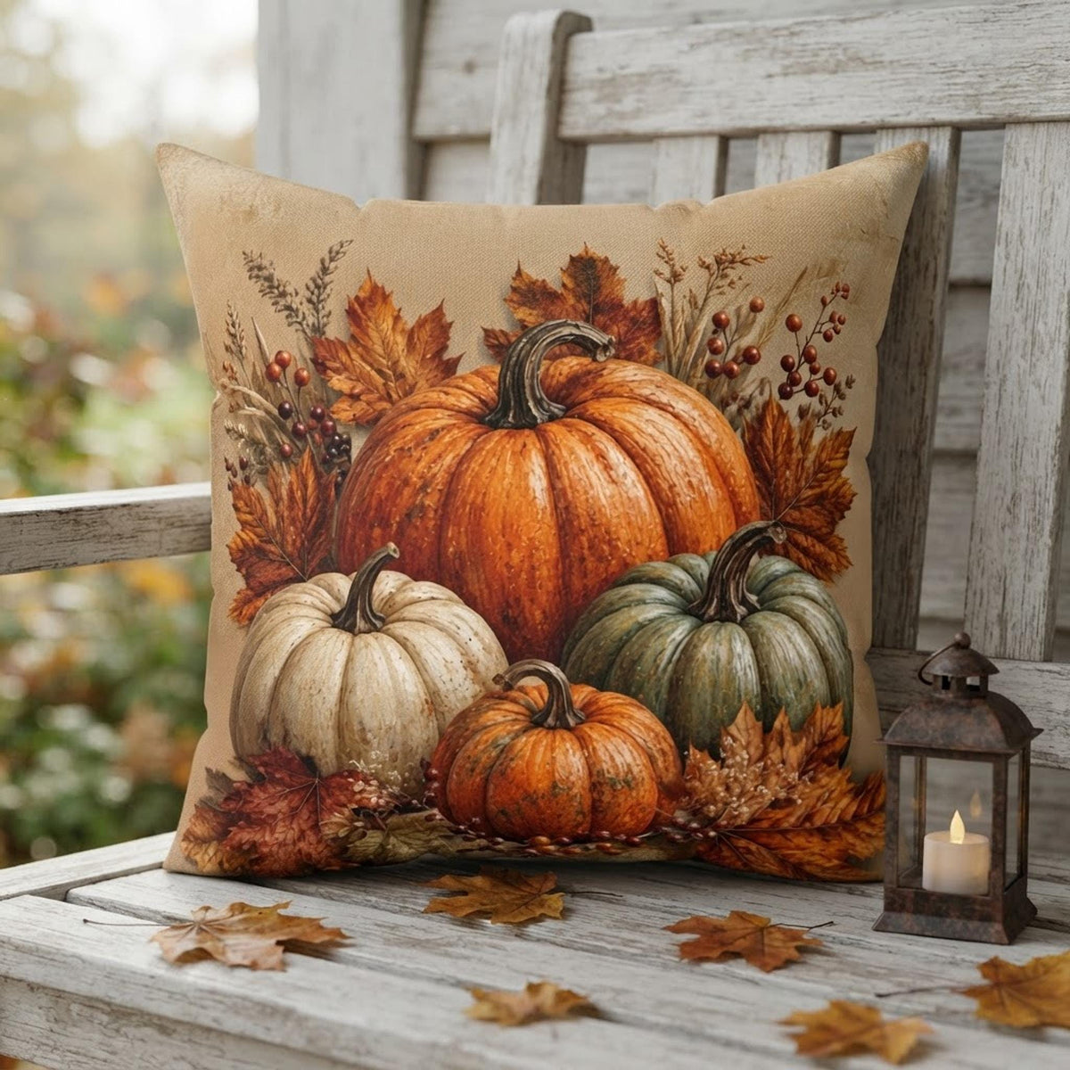 Autumn Pillow Cover, Beige Faux Suede Square with Double-Sided Pumpkin Print