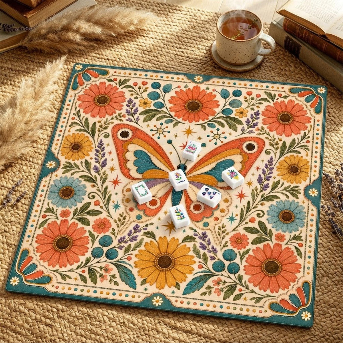 Retro Butterfly Mahjong Mat, Floral Polyester Surface, Non-Slip Rubber Backing