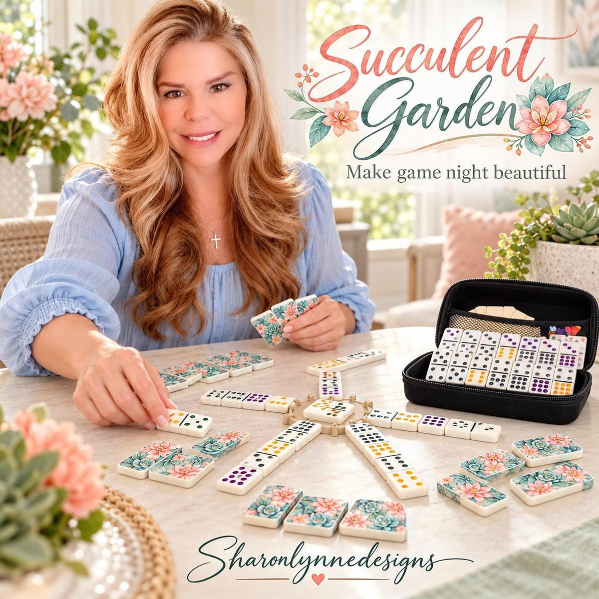 Mexican Train Set, Double 12 Acrylic Dominoes With Succulent Garden Design
