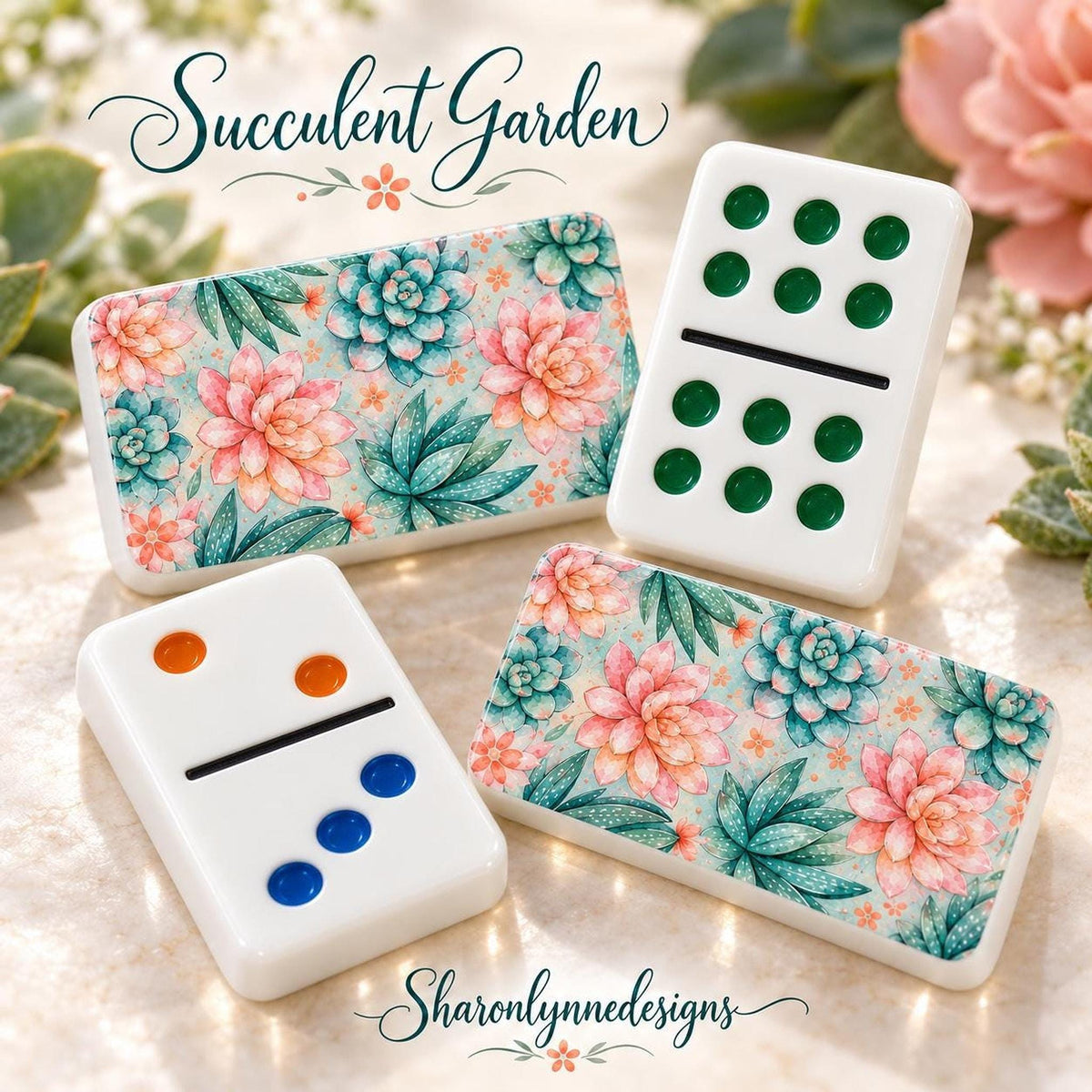 Mexican Train Set, Double 12 Acrylic Dominoes With Succulent Garden Design