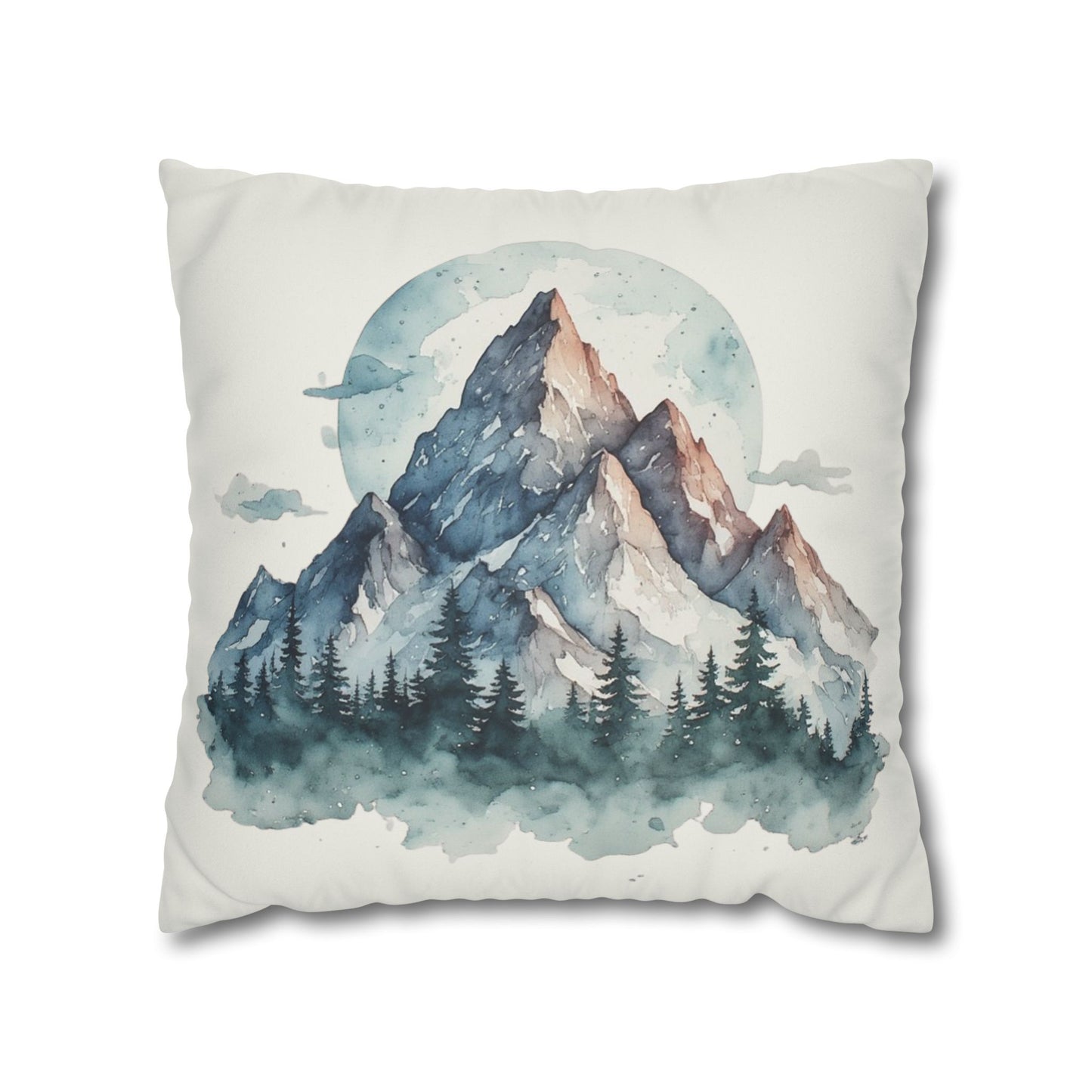 Watercolor Mountain Landscape Faux Suede Square Pillowcase | Mountain Print Pillow