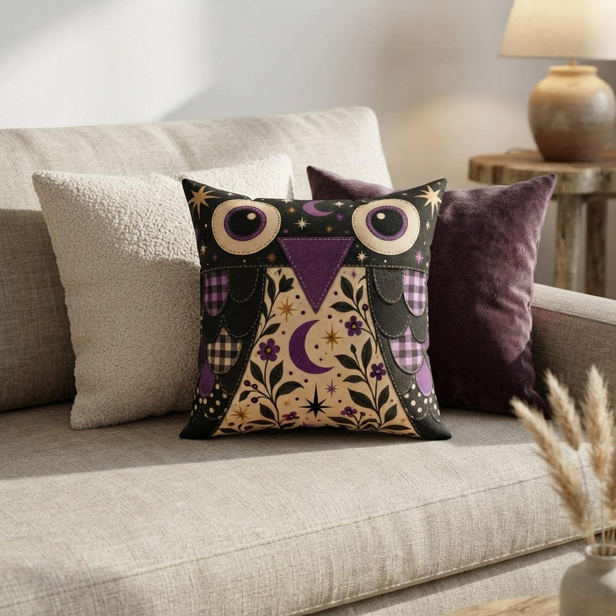 Purple Owl Pillow, Square Faux Suede Cover with Double-Sided Print