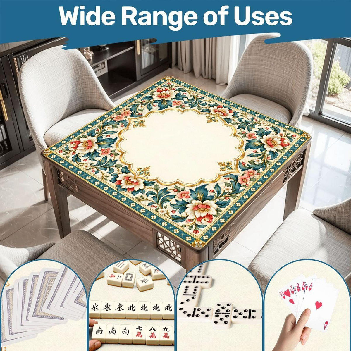 Gilded Garden American Mahjong Mat, Floral Polyester Surface With Rubber Backing