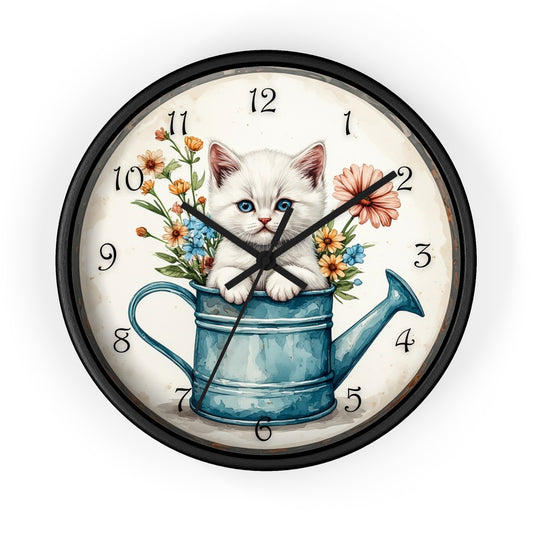 White Kitten in Watering Can Wall Clock | Country Cottage Decor