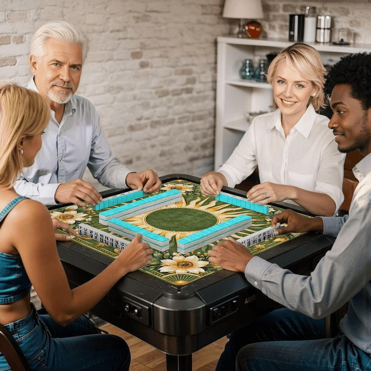 Mahjong Game Mat, 33" Square Green and Gold Sun Design Polyester