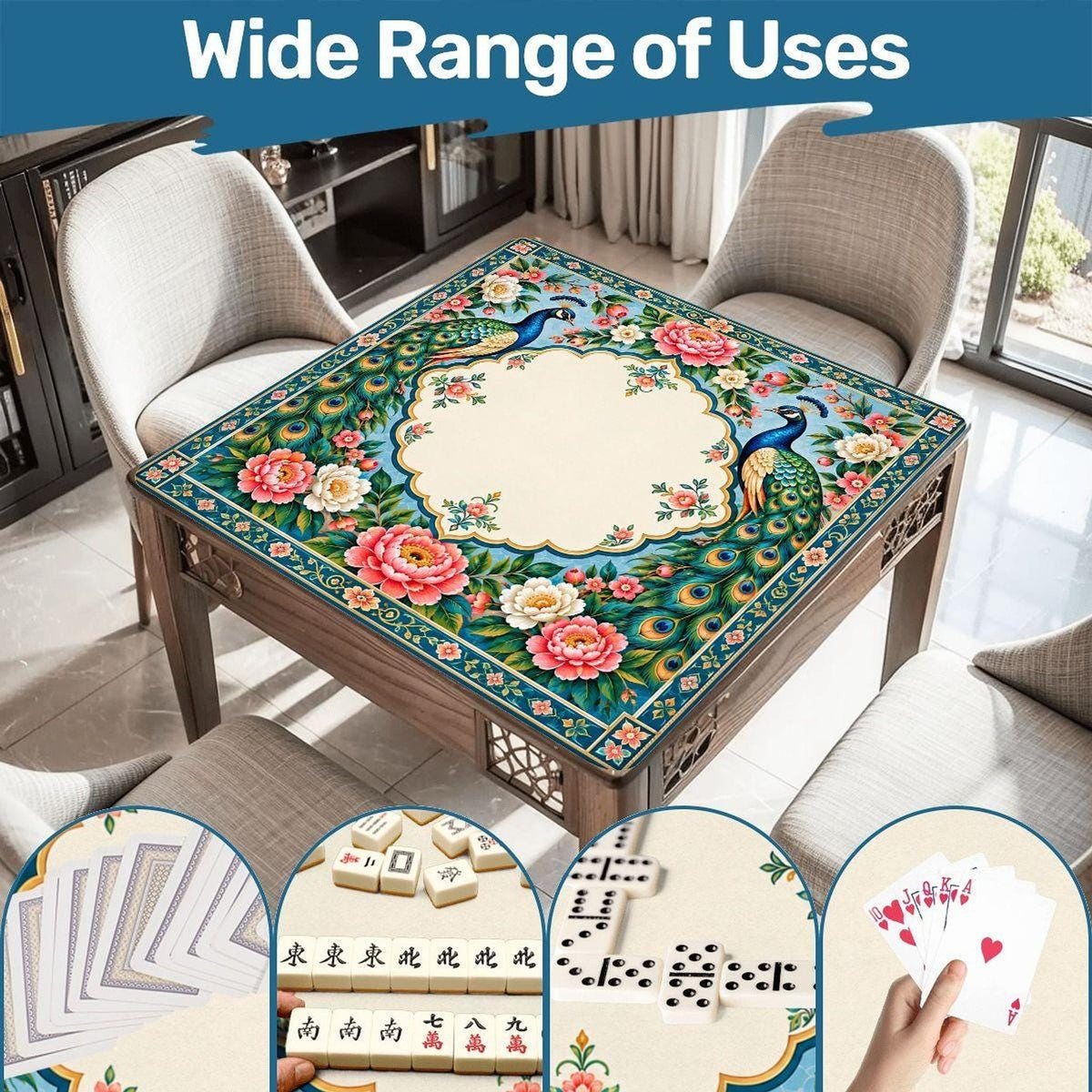 Peacock American Mahjong Mat, Non-Slip Rubber Backing, Polyester Surface