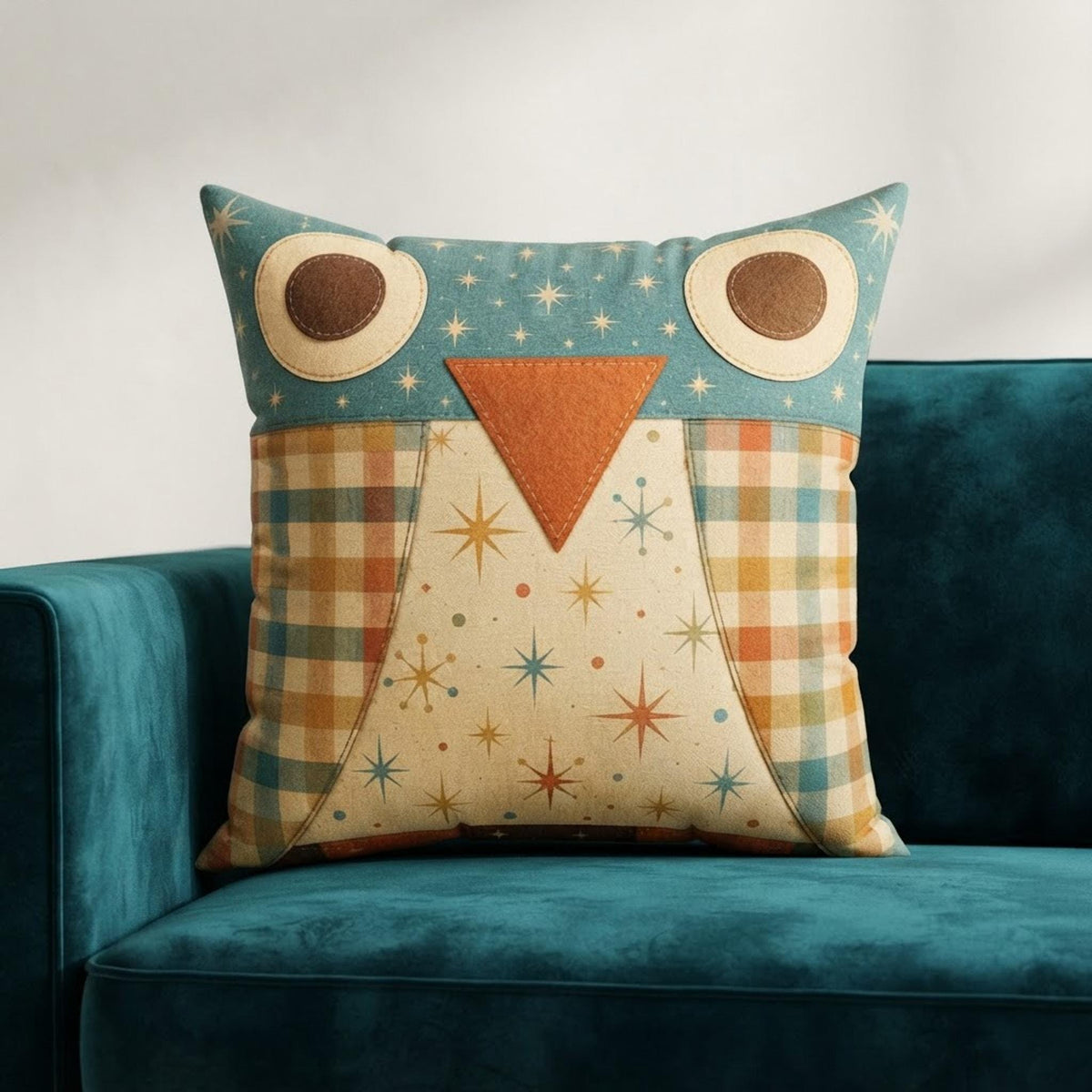 Owl Pillow Case, Faux Suede Square Cover with Vintage Plaid Design