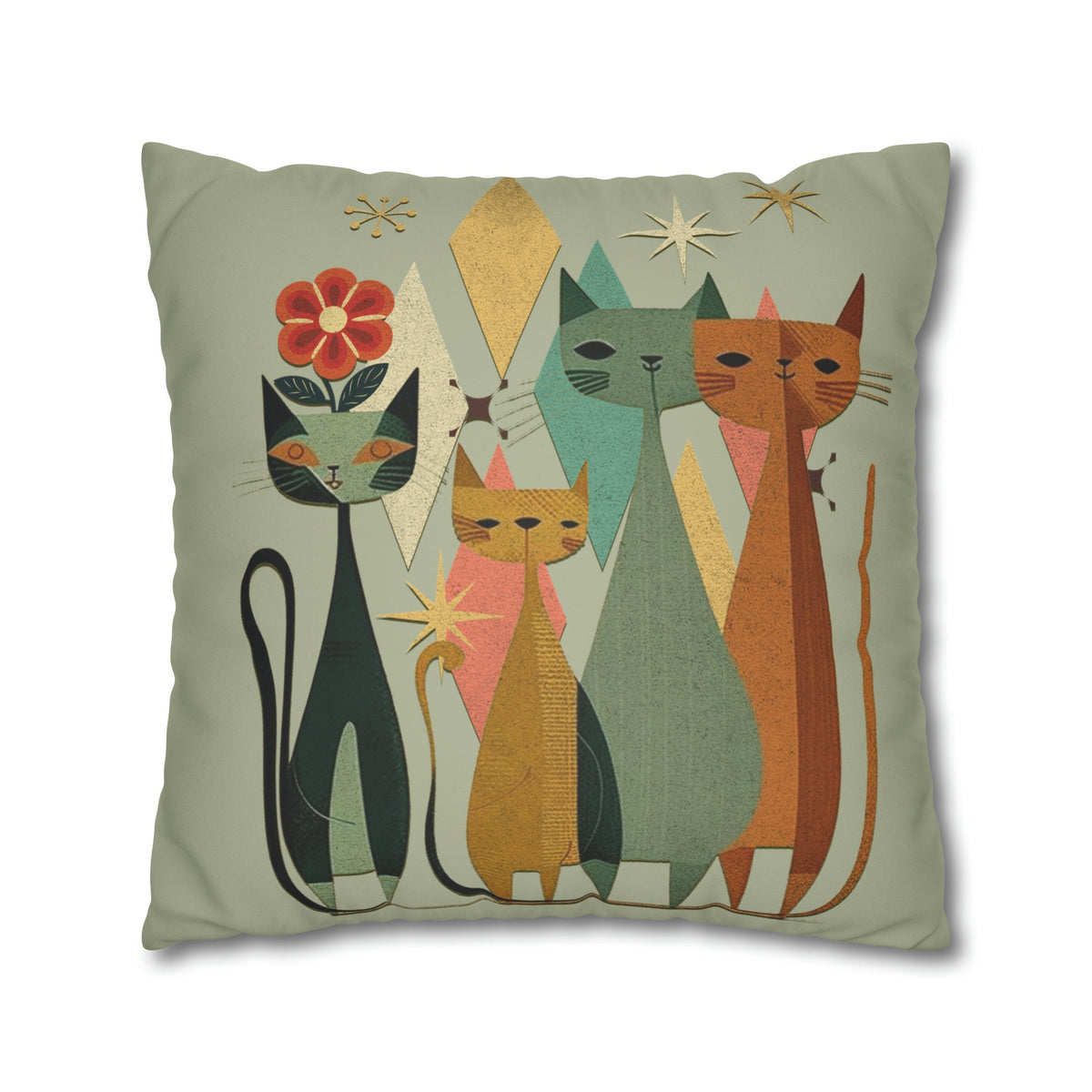 Feline Throw Pillow Cover, Vintage-Inspired Mid-Century Modern Cat Cushion