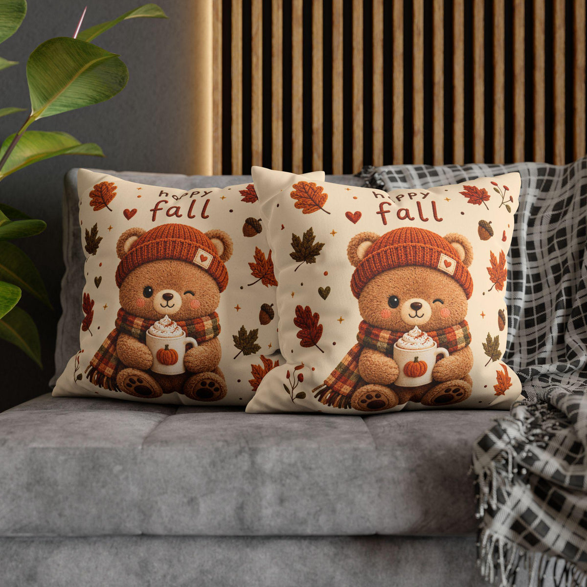 Cozy Sofa Pillow, Faux Suede Pillowcase with Double-Sided Fall Bear Print