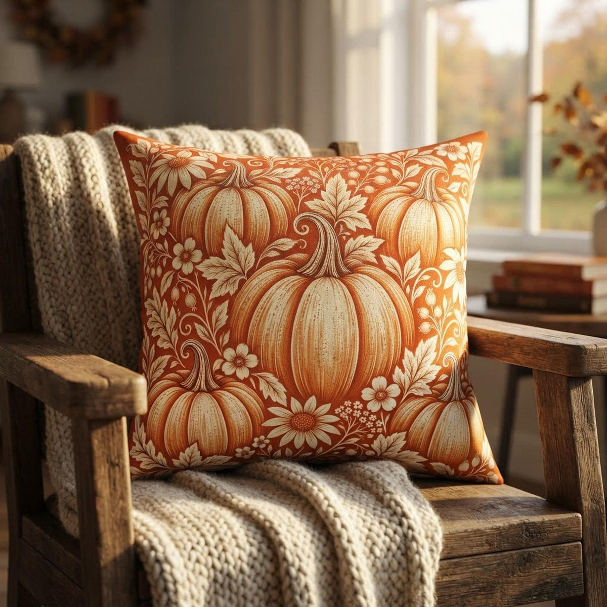 Pumpkin Pillow, Faux Suede Cover with Double-Sided Autumn Print
