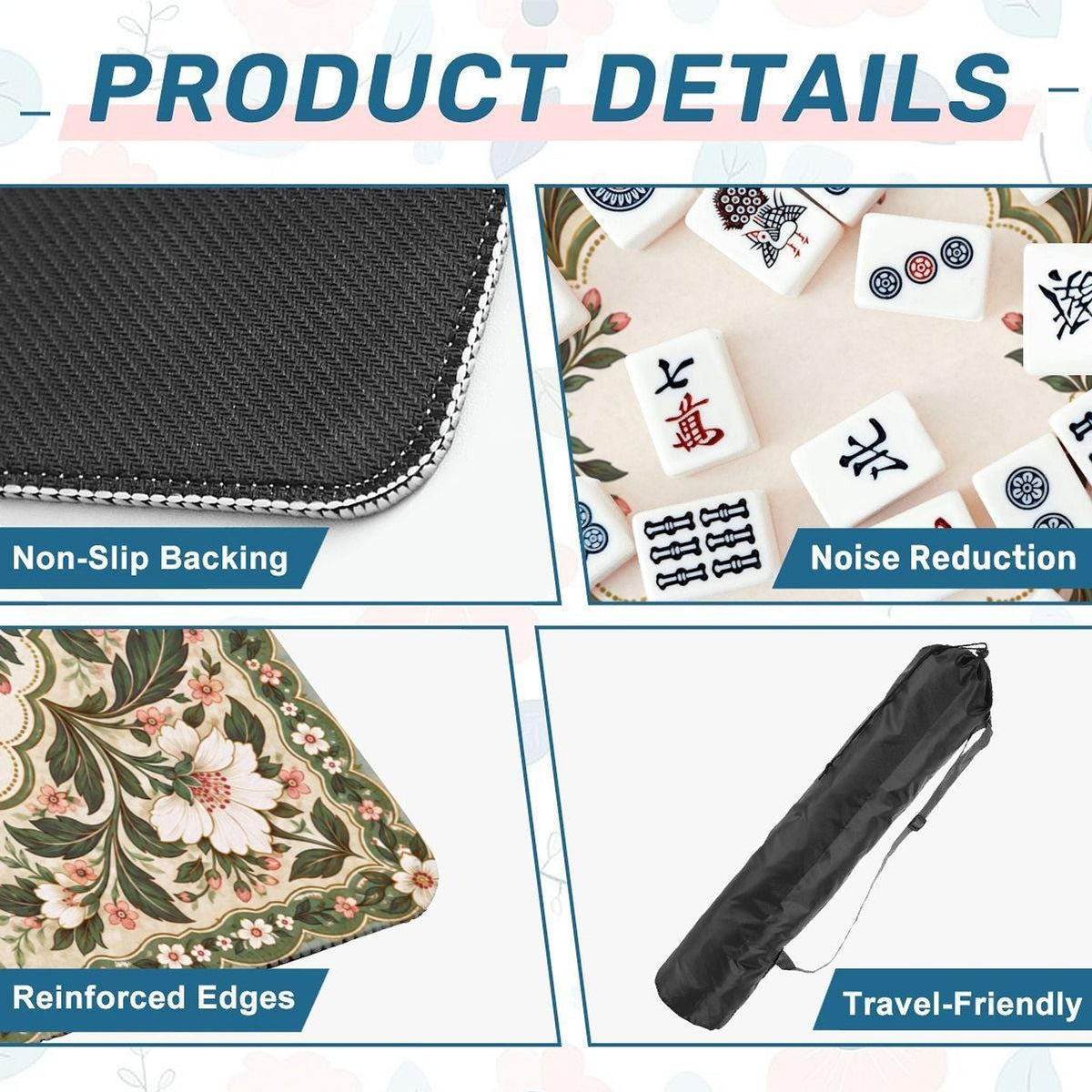Floral American Mahjong Mat, Polyester Rubber Backing, Roll-Up Game Surface