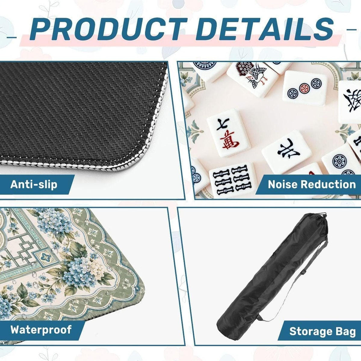 Sage Hydrangea Mahjong Mat, Polyester Surface with Non-Slip Rubber Backing