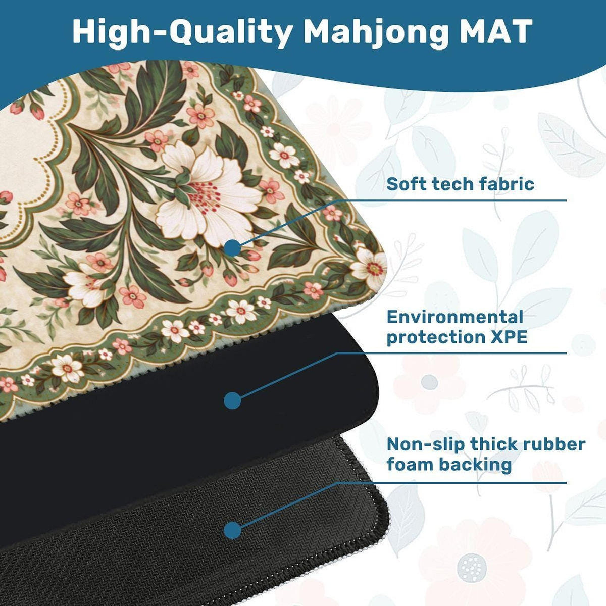 Floral American Mahjong Mat, Polyester Rubber Backing, Roll-Up Game Surface