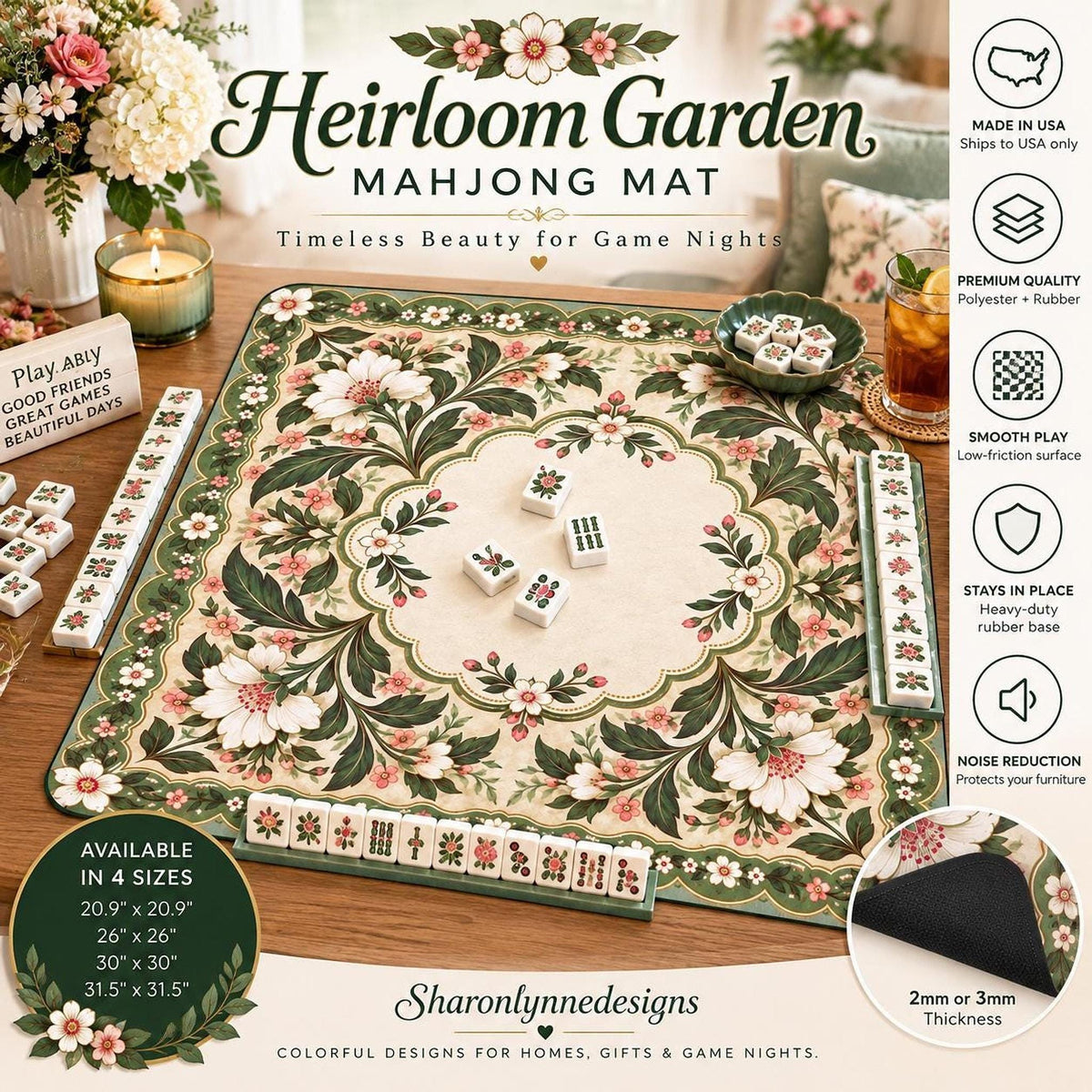 Floral American Mahjong Mat, Polyester Rubber Backing, Roll-Up Game Surface