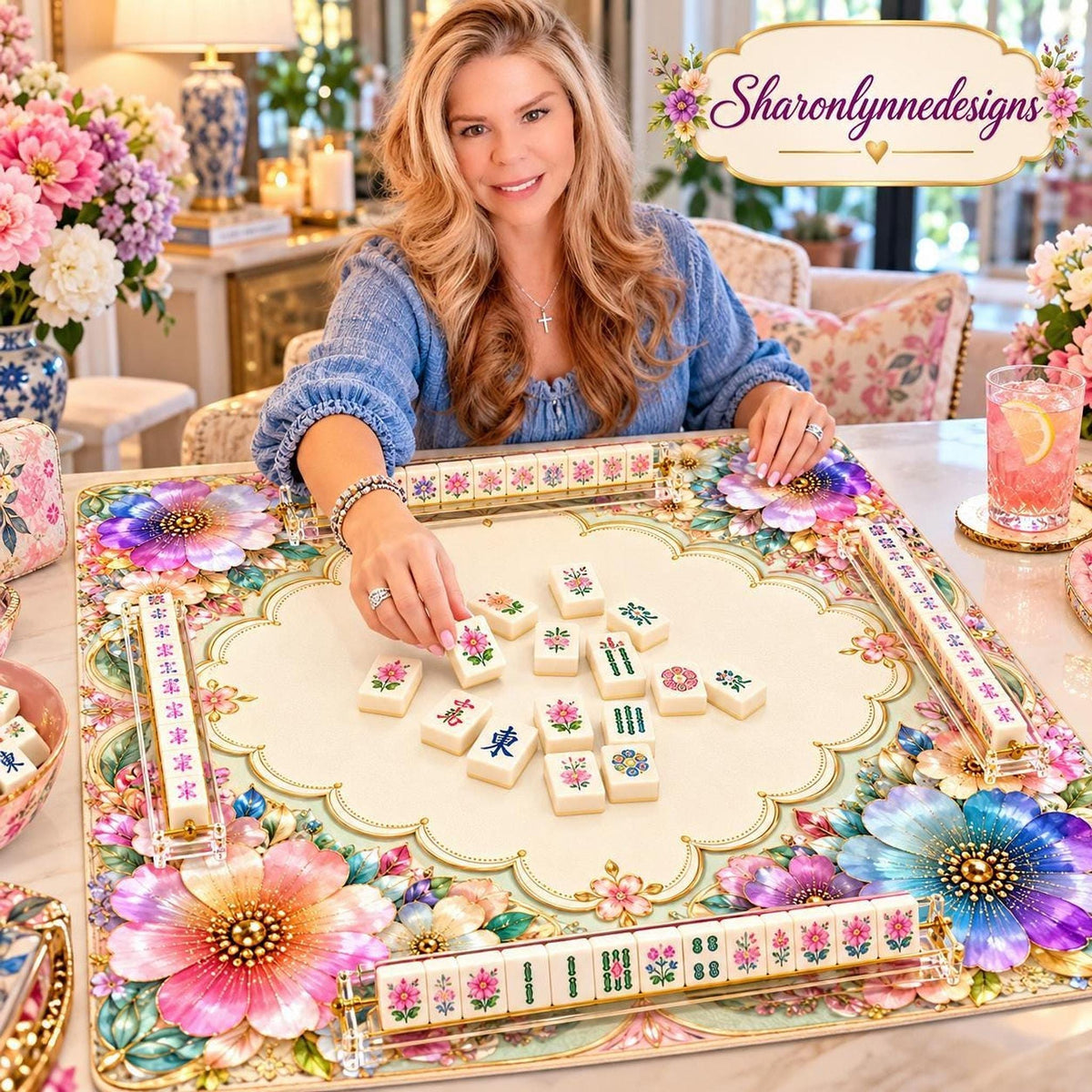 Floral American Mahjong Mat, 33" x 33" Polyester Game Surface