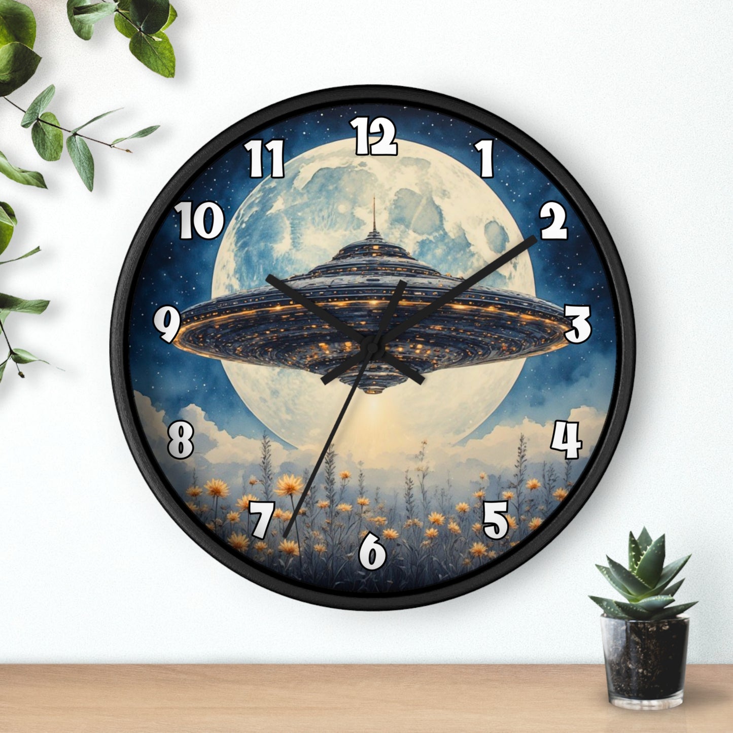 UFO Over Moon Wall Clock, Sci Fi Spaceship Moonlight Timepiece