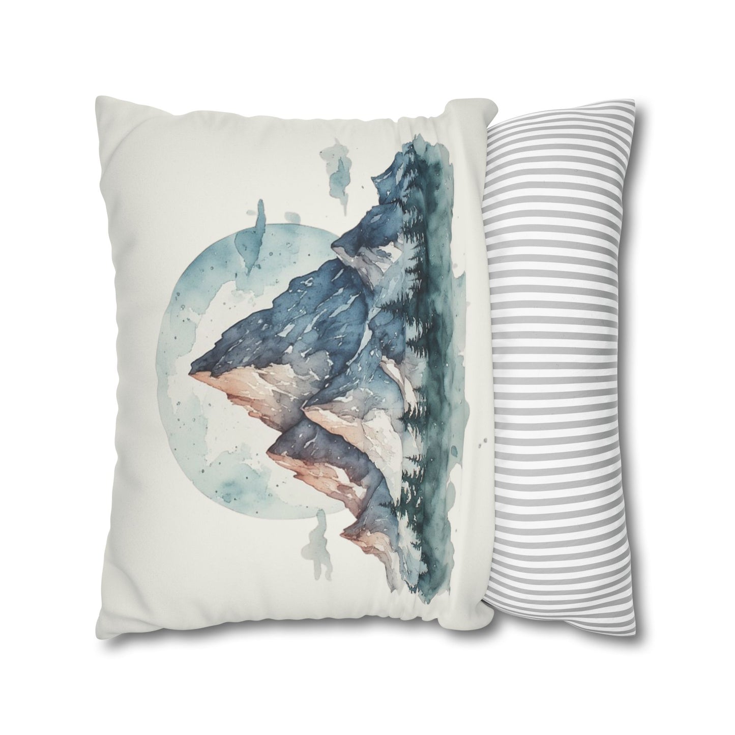 Watercolor Mountain Landscape Faux Suede Square Pillowcase | Mountain Print Pillow